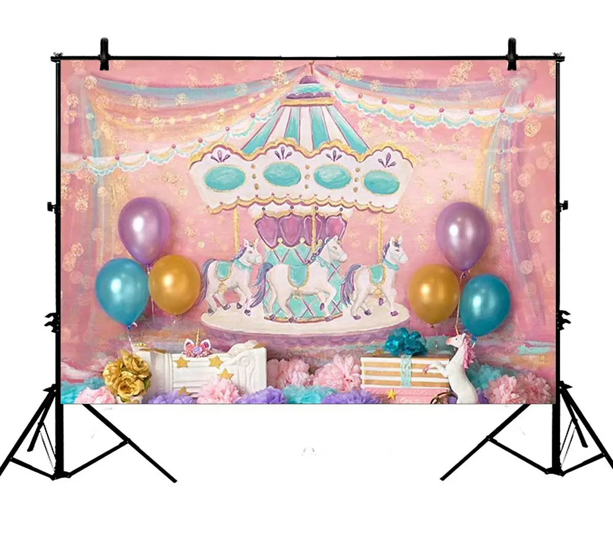 

5x7ft Pink Merry Go Round Birthday Polyester Photo Background Portrait Backdrop