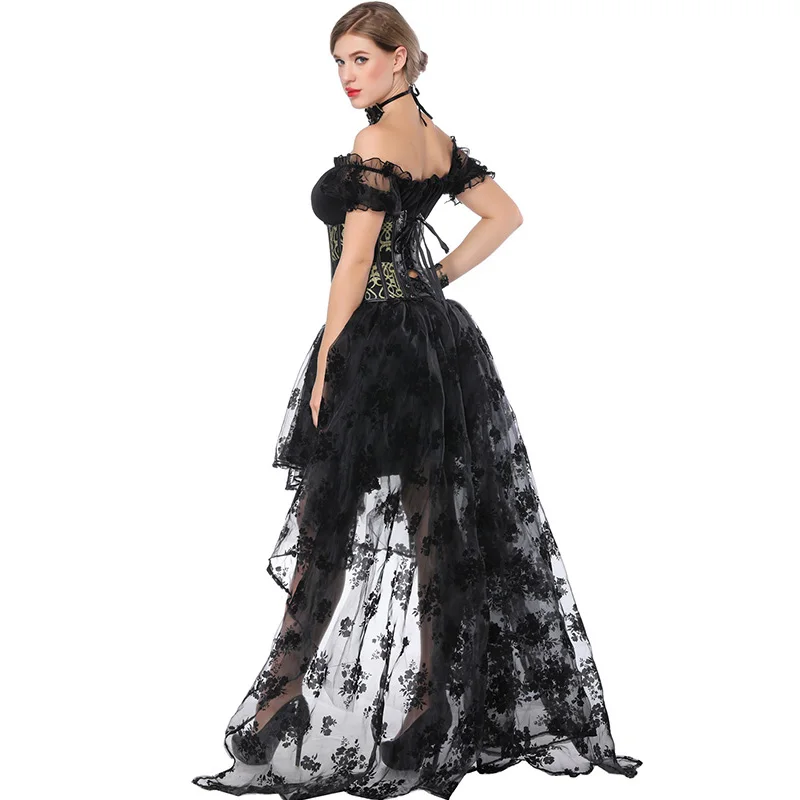 Women Sexy Gothic Victorian Steampunk Corset Dress Leather Overbust Corsets And Bustiers Lace Black Wedding Party Corset Dress (3)