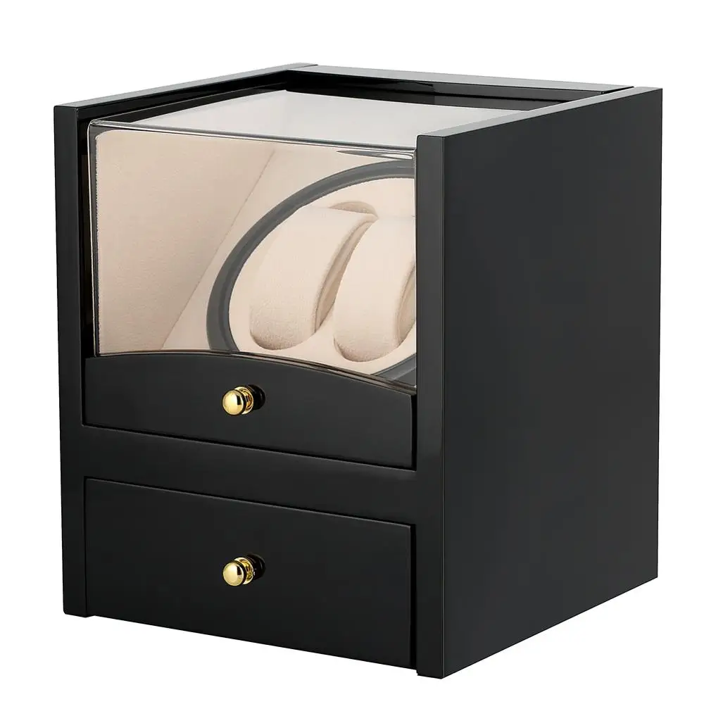 

New Arrival UK Plug Black Leather Box Case Rectangle Mute Automatic Double Watch Winder Dual Watch Rotator Storage Box