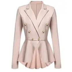 Для женщин сплошного цвета с кнопками Блейзер Пальто с длинным рукавом Slim Fit осенний костюм куртка
