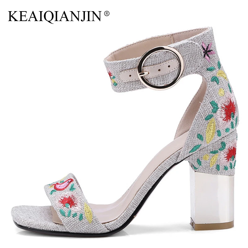 

KEAIQIANJIN Woman Embroider Sandals Buckle Strap Fashion Sexy High Heels Shoes Plus Size 34 - 43 Casual Blue Denim Sandals 2018