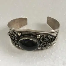 Старинный тибетский, серебряный черный Гравировка Ювелирные украшения человек браслет на запястье