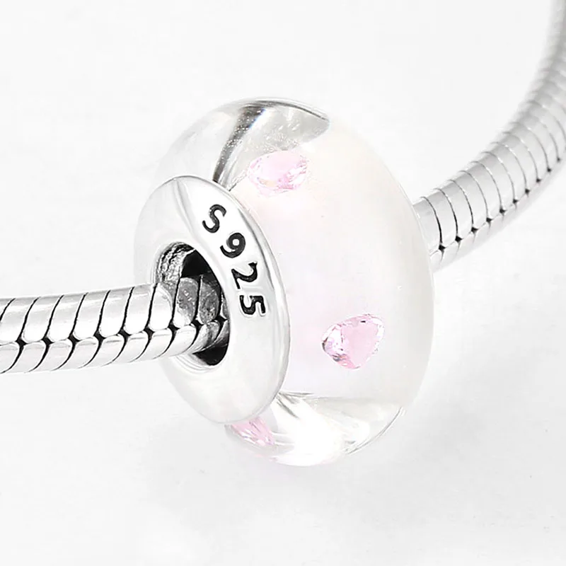 Высокое качество подлинные 925 пробы Серебристые розовые бусины из муранского стекла в форме сердца подходят к оригинальному браслету Pandora