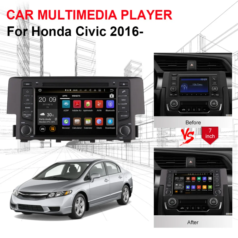 Sale Android 8.0 Octa Core 4GB RAM Car Auto Radio Stereo For Honda Civic 2016- GPS Navigation DVD Video Player Bluetooth Head Unit 1