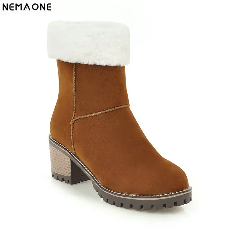 

NEMAONE Women's high Heel mid-calf Boots Ladies Winter warm snow boots sexy fur Woman boots beige brown Black Plus Size 43