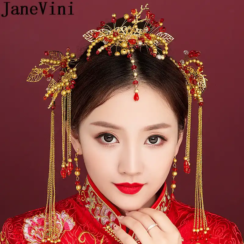 Janevini Chinese Bride Hair Comb Hairpin Earrings Headwear
