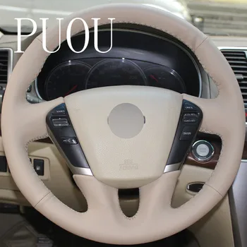 

Puou Beige Genuine Leather Hand-stitched Car Steering Wheel Cover for Nissan Teana 2008-2012 Murano 2009-2014 Free shipping