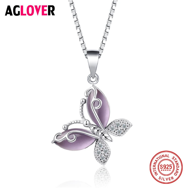 

925 Sterling Silver Jewelry Necklace Inlay AAA Crystal Women's Butterfly Pendant Necklace