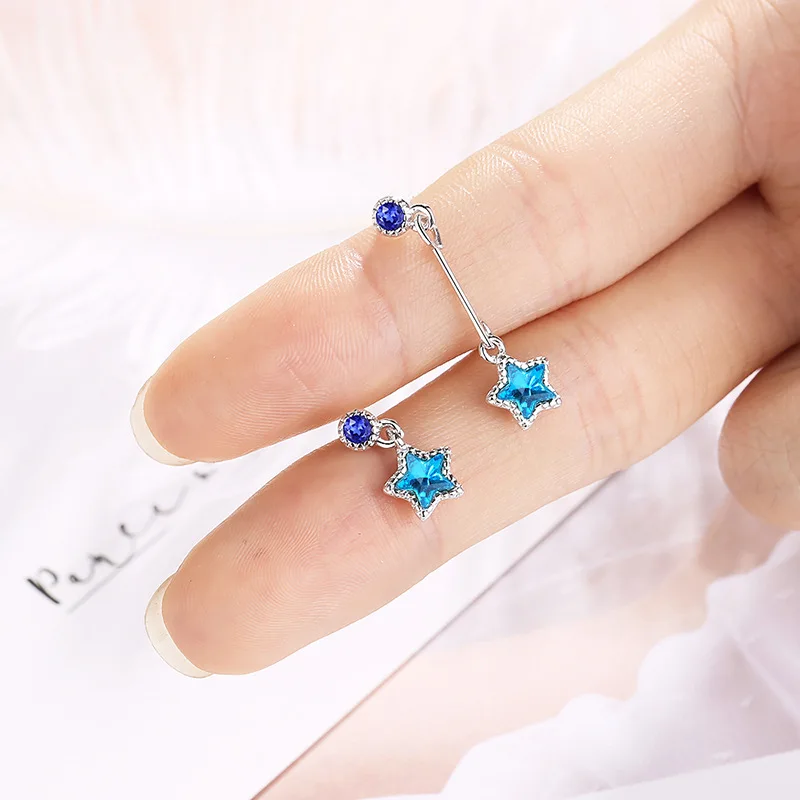

Exquisite Asymmetrical Star Stud Earrings with Blue Cubic Zirconia Elegant Pentagram Stud Earrings for Women Party Jewelry