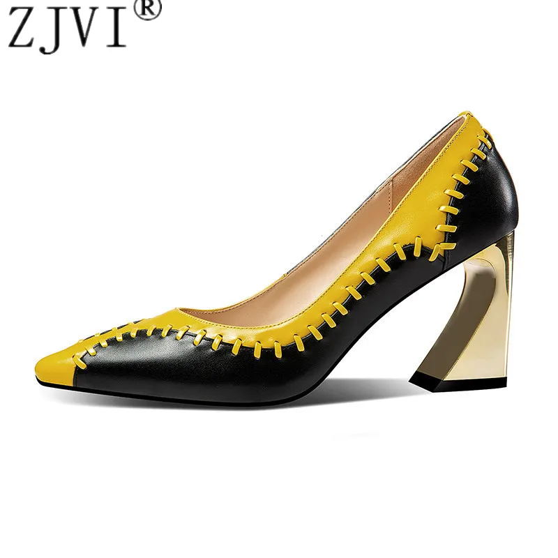

ZJVI woman genuine leather 8cm sauqre high heels pumps for women new arrival 2019 summer pointed toe shoes autumn ladies shoes