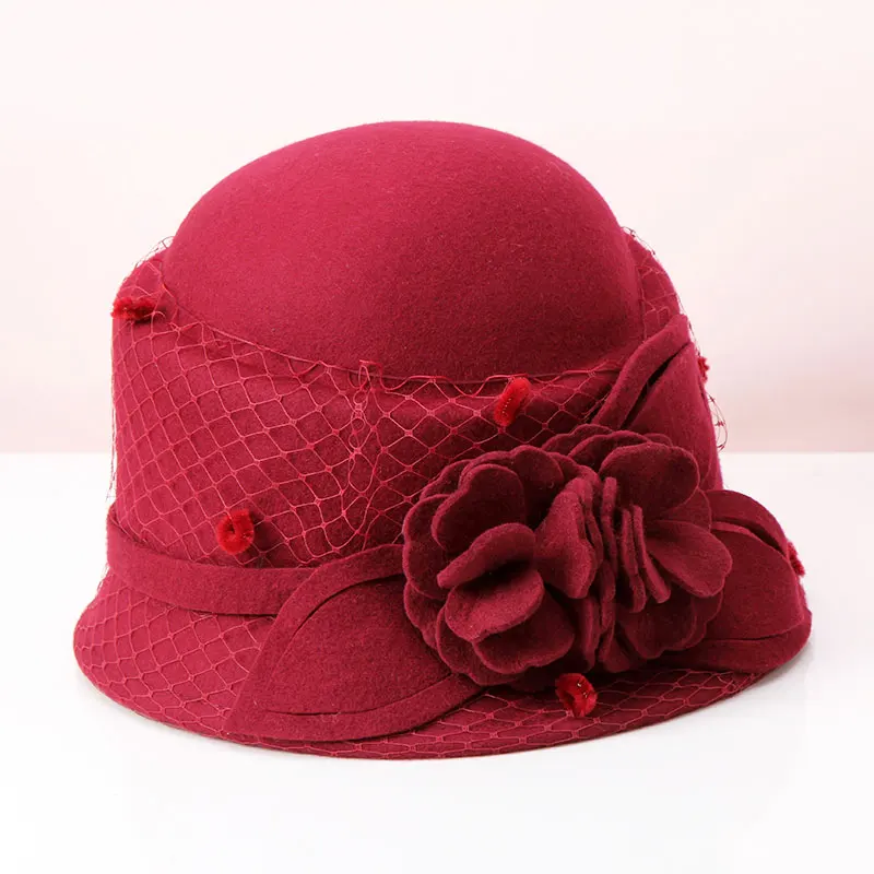 

Шляпа Федора женская с цветами, элегантная шерстяная верхняя одежда, винтажная фетровая шляпа, цвет красный, Зимняя