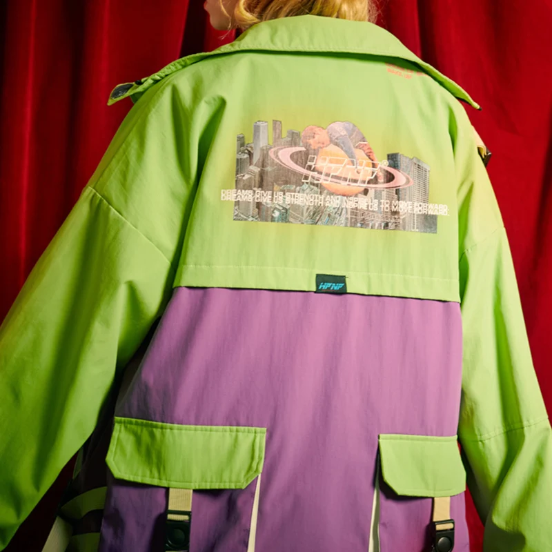 Men Hip Hop Streetwear Jacket Color Block Retro Harajuku Windbreaker Jacket Kid Planet Print 2019 Track Jacket Coat Multi Pocket