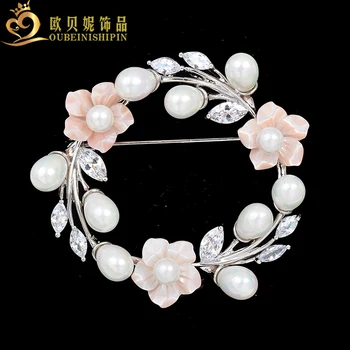 

OBN Marquise Shaped Micro Paved CZ Natural Shell Floral Wreath Brooch Pins Bouquet Romantic Bride Wedding Gifts