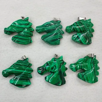 

2017 hot selling malachite stone carved horse heads charms pendants for jewelry making 6pcs/lot Wholesale Free