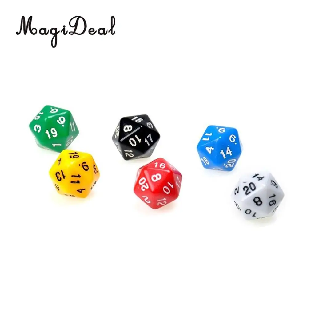 MagiDeal, новинка, 6 шт., D20, игровые игральные кости, Twenty Sided Die RPG D& D, шесть непрозрачных цветов, для смешных семейных, вечерние, Клубные игральные кости, спортивные игры