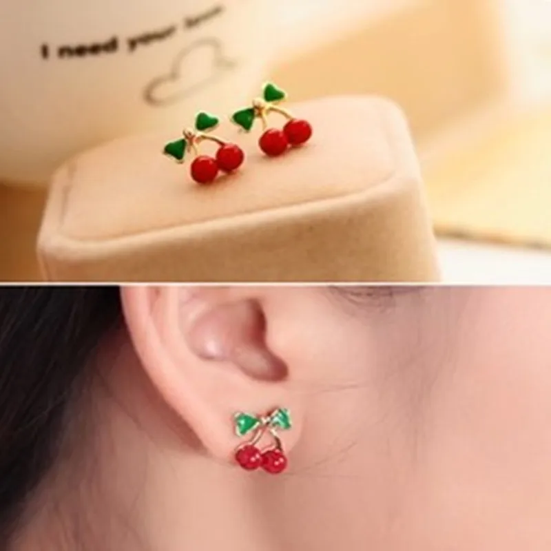 

E148 New style Free shipping Jewellery Wholesale Fashion Retro Red Korean Style Metal Cherry Stud Earrings for women