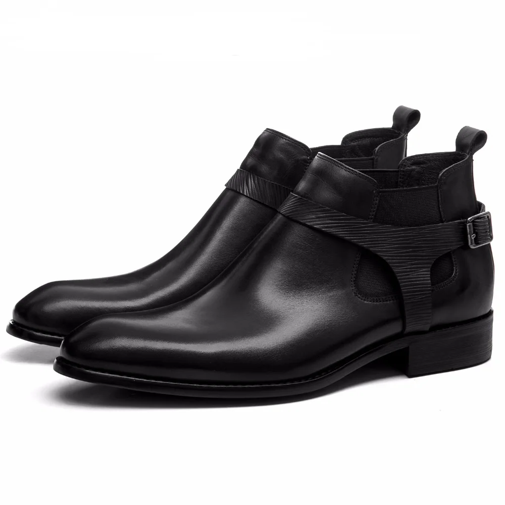 Модные черные мужские ботильоны из натуральной кожи Кожаные модельные туфли ботинки осенние мужские мотоботы с пряжкой