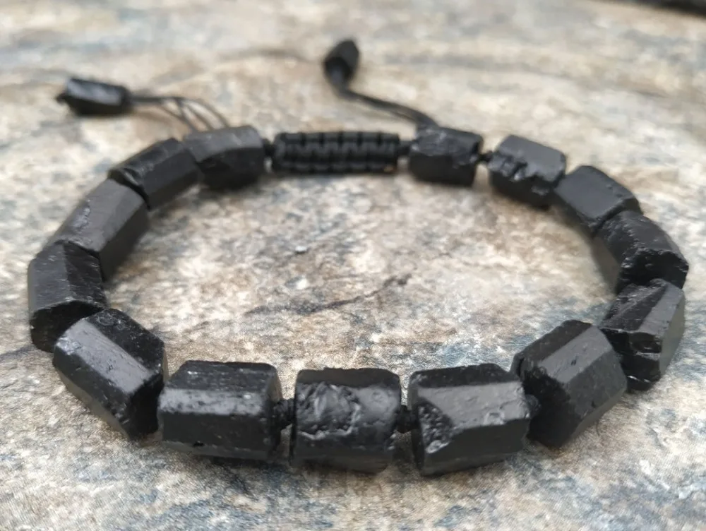 Натуральный грубый черный турмалиновый камень регулируемый браслет M0059