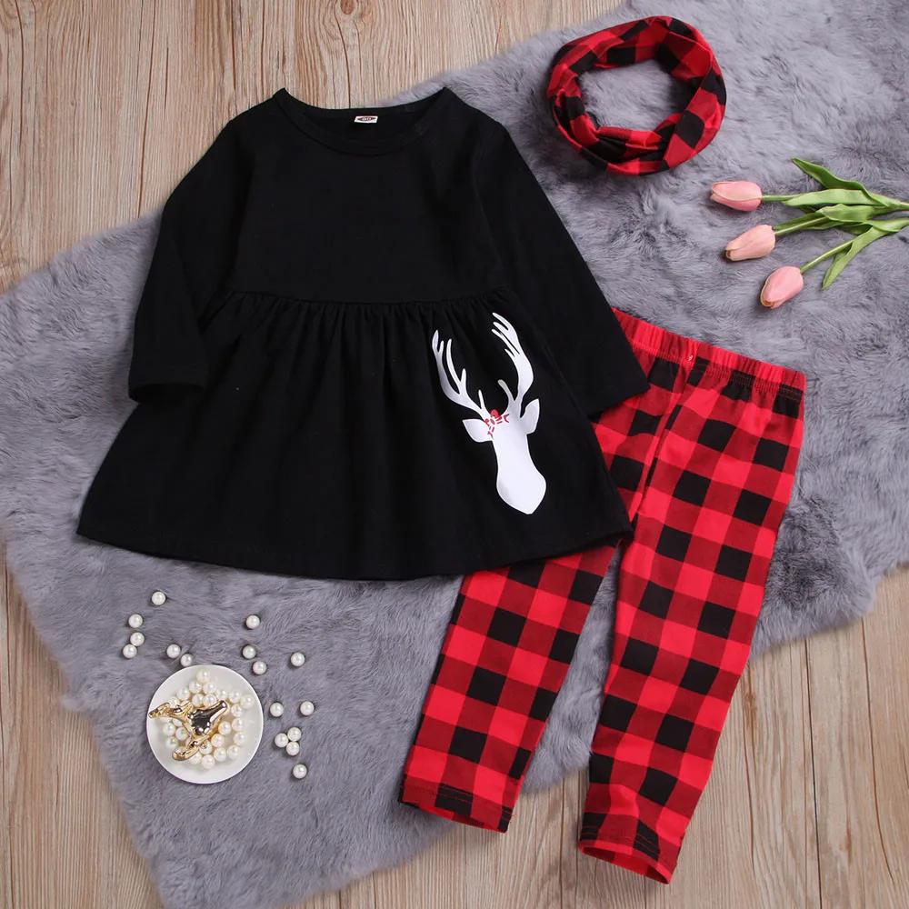 

2018 New Fashion Infant Toddler Baby Girls Boys Children's Clothes Dress + Plaid Pants + Scarf Three-Piece Suit Outfits Clothes