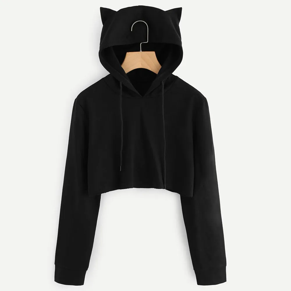 

Luxury Cute Womens Sweatshirts Hoodie Crop Tops Solid Cat Ear Long Sleeve Cropped Sweatshirt Hooded Pullover poleron mujer