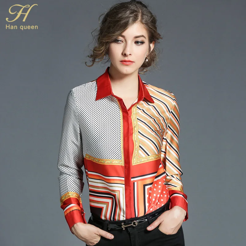 

H Han Queen Women vintage floral Print Ladies Tops chiffon long sleeve Casual Blouse Female Work Wear Office Shirts
