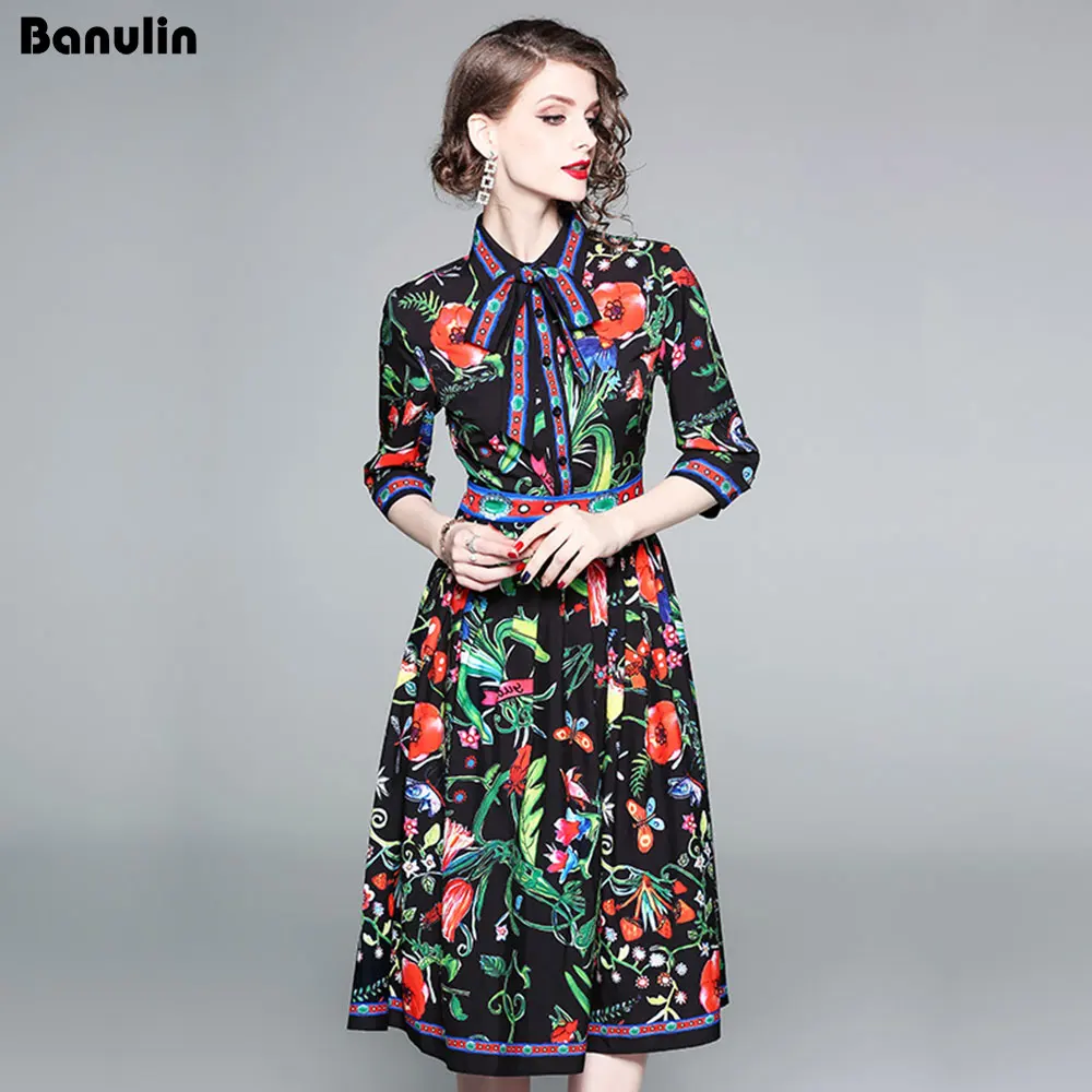 

Banulin 2018 Fashion Designer Runway Dress Spring Women Half sleeve Ribbon Rose Floral Print Casual Elegant Party Dress Fenimi