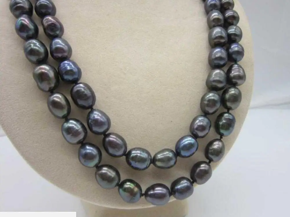 

10-12MM NATURAL SOUTH SEA BLACK PEARL NECKLACE 35" 925 silver YELLOW GOLD CLASP