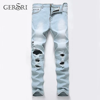 

Gersri Men's Skinny Jeans Hole on knee Cotton Ankle Tight Fit Ripped Repaired Brand Jeans for Male Plus Size 28-42