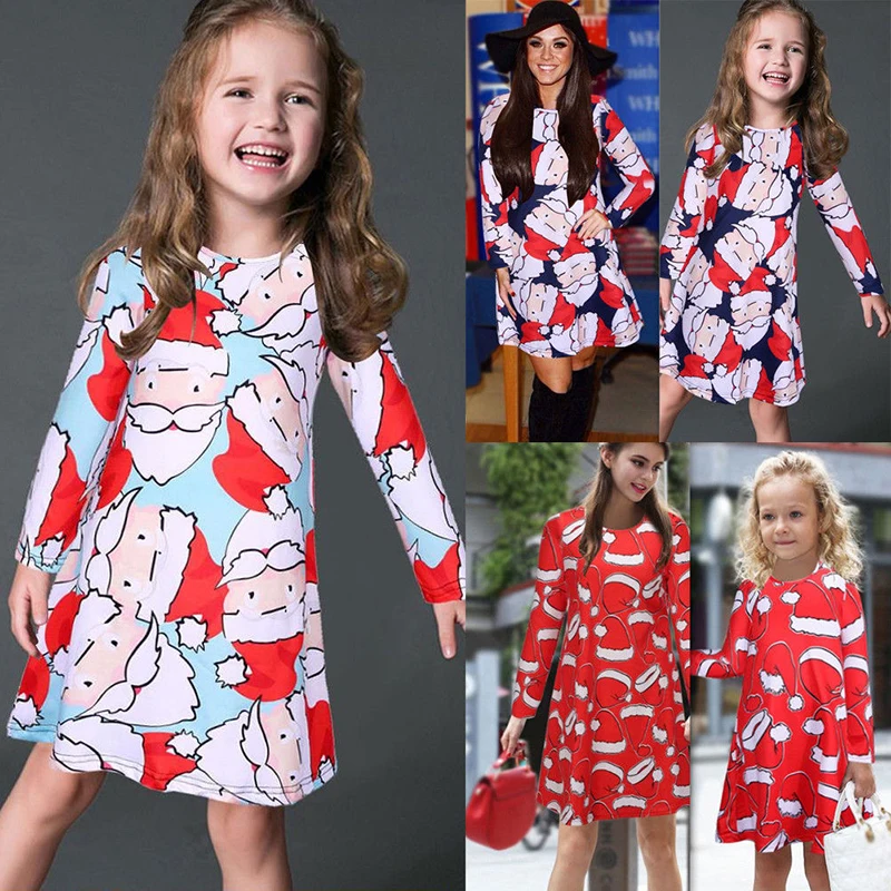 

Family Matching Christmas Dresses Mother and Daughter Clothes Santa Claus Long Sleeve Party Dress Girl O-Neck Casual