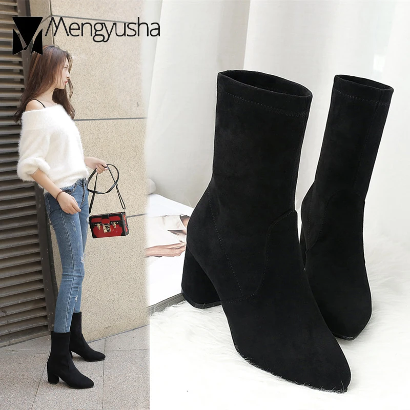 

boots mujer autumn winter new riding botas nubuck pointed toe thick heel short boots woman brand short plush elastic socks boots