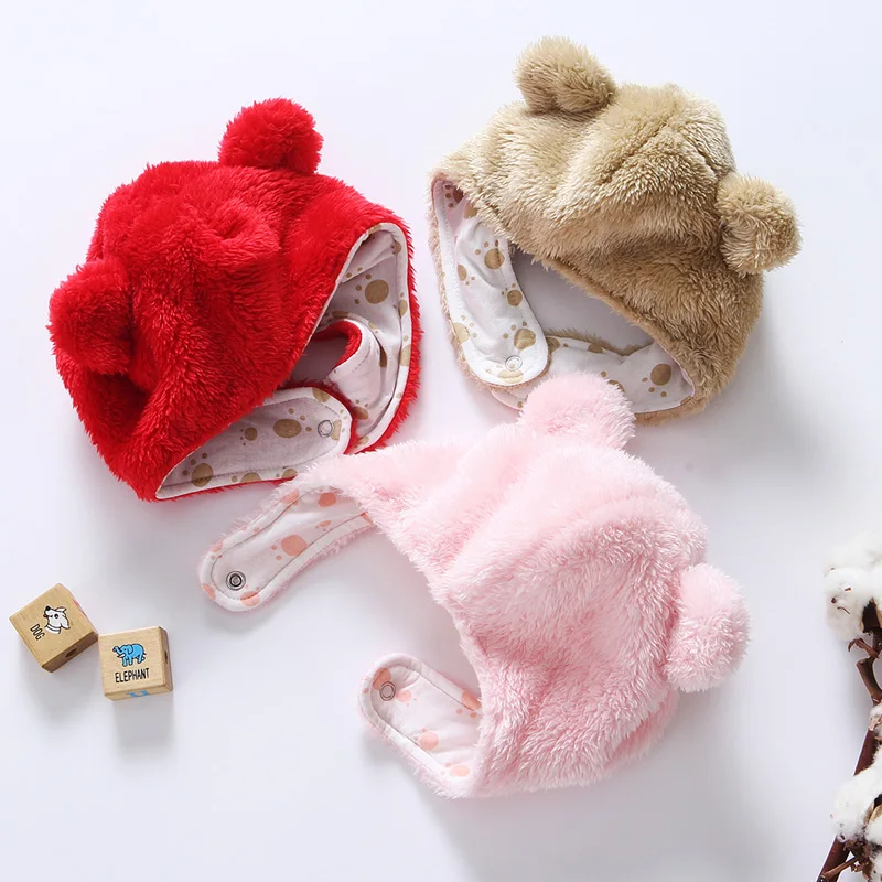

Unisex baby hat baby newborn hooded infant baby girl boy hat autumn winter earflaps snaps 0-12 months baby bear hat coral cotton
