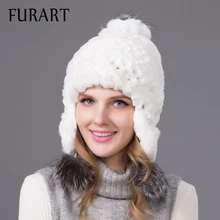 Women winter rex rabbit fur hat ear protector caps knitted bomer hat 2017 fashion causal fur headgear good quality THY-08