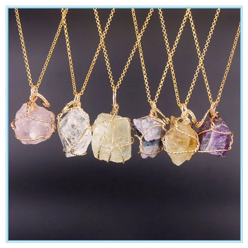 IHOMEE 1Pcs Irregular Natural Crystal Quartz Gold Line Wrapped Pendants ...