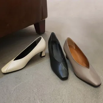 

GPOKHDS 2019 women Pumps soft Cow leather autumn spring slip on pigskin Rome style brown color square toe high heels pumps