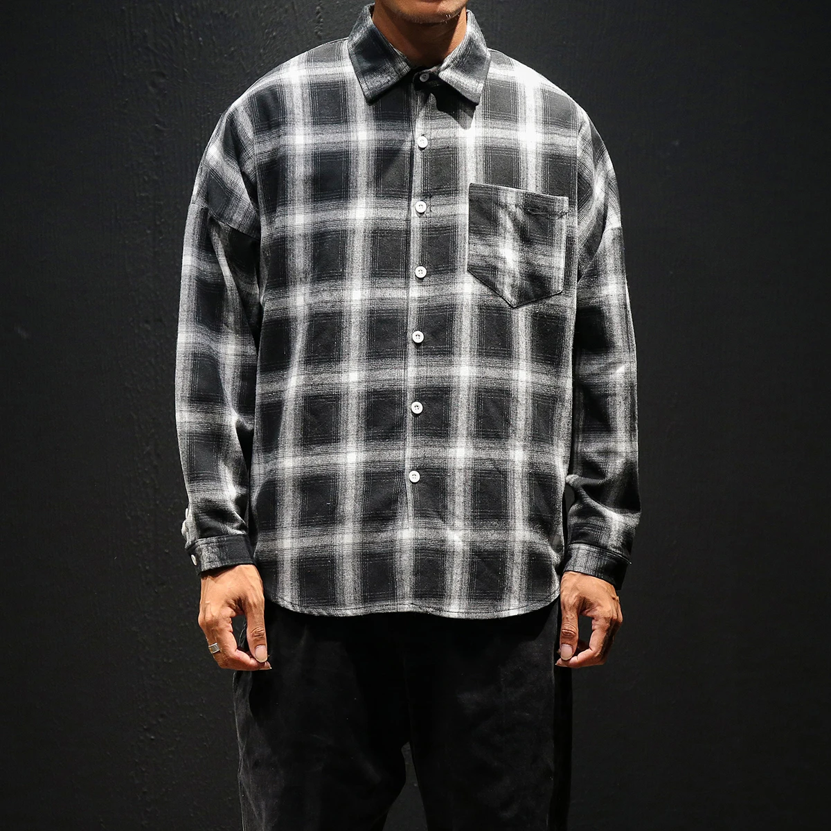 Plaid Shirts Men INS Style Man White Red Black Plaid Long Sleeve Shirts Male Oversized Top Shirt Plus Size - Цвет: black