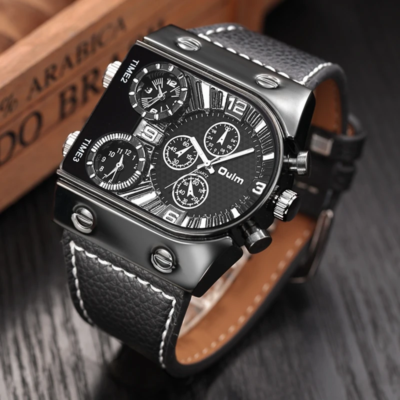 

Mens Watch 2018 Fashion Top Luxury Brand Watches Multi-Time Zone Leather Band Quartz Wristwatches Big Dial Military Watch