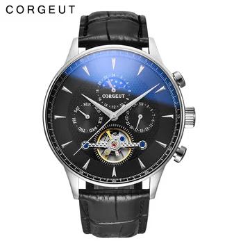 

44mm Corgeut Men's Mechanical Watch Black Belt Automatic Mechanical Watch Waterproof Fashion Calendar Watch