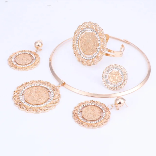 Latest Best Quality Fashion Italian Jewelry Dubai Crystal Jewelry sets African Women Big Necklace Bangle Earring Ring Jewellery gold