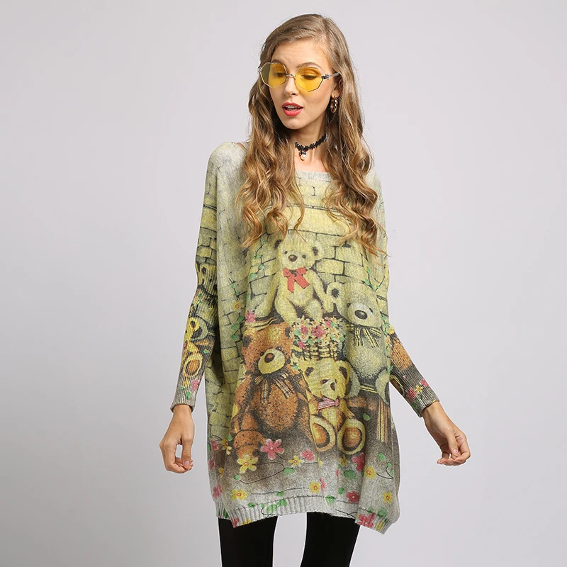 XIKOI New Woman Sweater Oversize Long Batwing Sleeve Pullovers O-Neck Knitted Fashion Casual Regular Bear Print Clothes XIKOI New Woman Sweater Oversize Long Batwing Sleeve Pullovers O-Neck Knitted Fashion Casual Regular Bear Print Clothes
