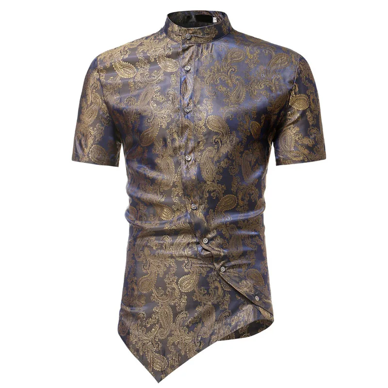 Мужская хипстерская рубашка с коротким рукавом и принтом пейсли,, модная повседневная брендовая приталенная рубашка на пуговицах - Цвет: gold