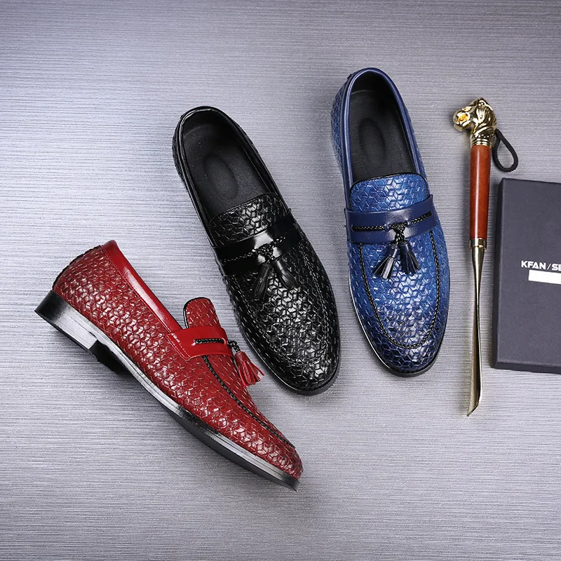 Fashion Weave Pattern Tassel Fringe Leather Shoes Slip On Casual Loafers Plus Size Round Toe Men Shoes Gift for Father