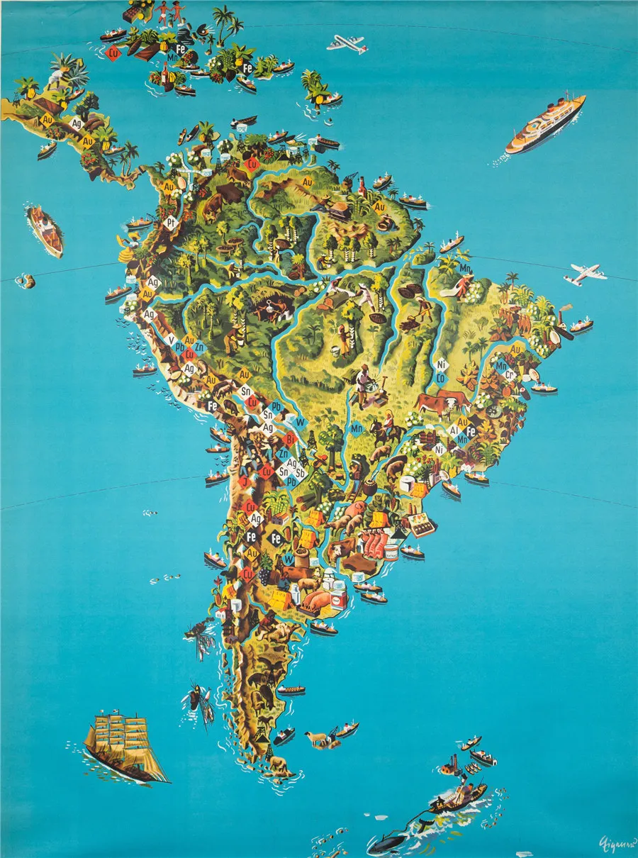 Pictorial Wall Map of South America circa 1957