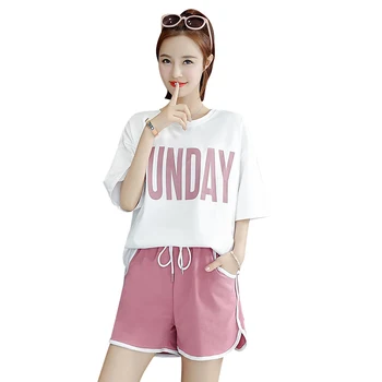 

Women Sportswear Set Cartoon Printed Breathable Short Sleeve Top + Strappy Shorts XRQ88