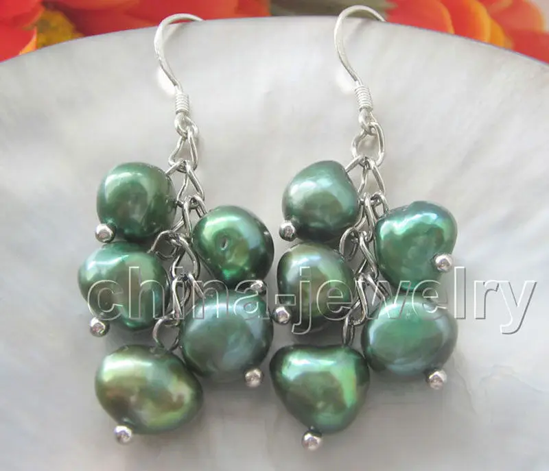 

Free shipping hot sale Women Bridal Wedding Jewelry >>>Beautiful 8-9mm green baroque freshwater pearl earring