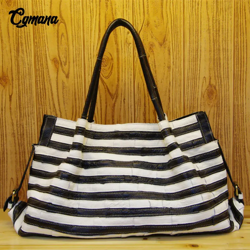 multi Main De Sacs À Véritable Noir Rayé Des Bandoulière Fourre Vache tout blanc Décontracté Couture Mode En 100 Femmes Cgmana Première Peau Cuir Sac wBPYBqa