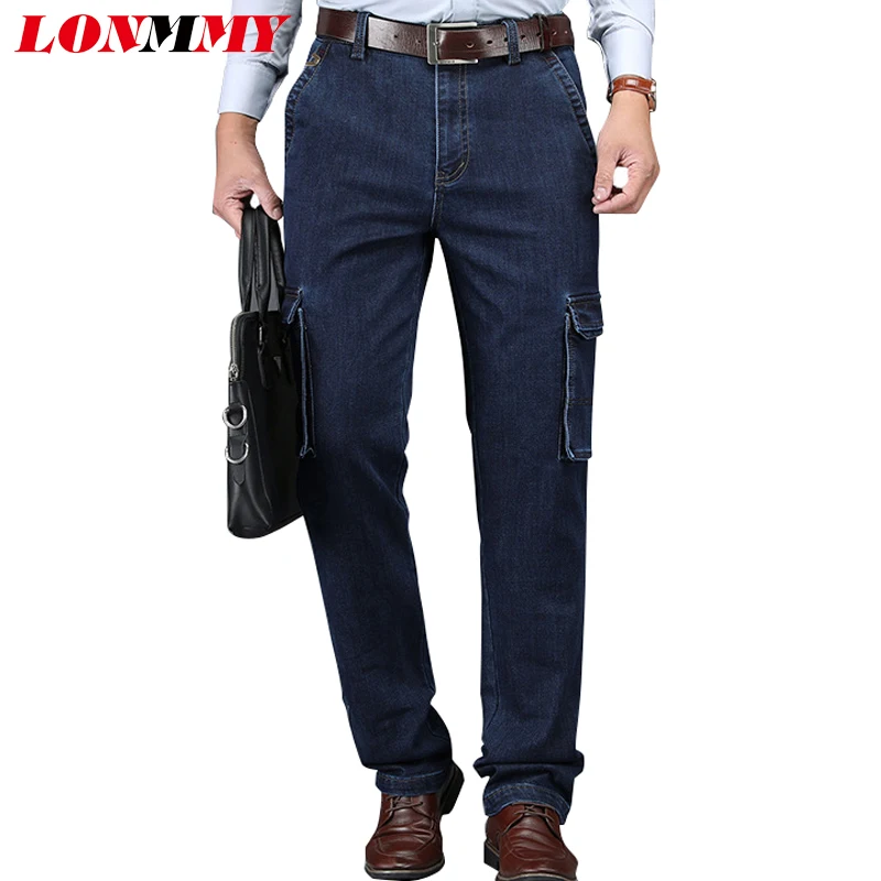 

LONMMY PLUS SIZE 30-44 Denim jeans men 65% cotton Multi-pocket Straight Elasticity jeans for men Cargo pants Military Army style