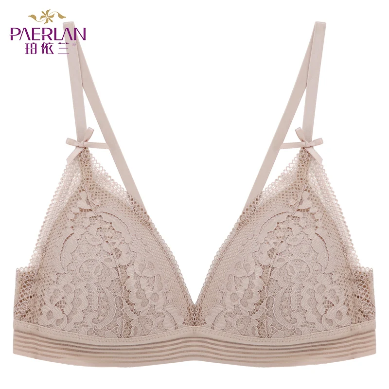  PAERLAN French Sexy Triangle Cup Flora Lace Bra Push Up Thin Cup Wire Free Small Breast Comfort Sea