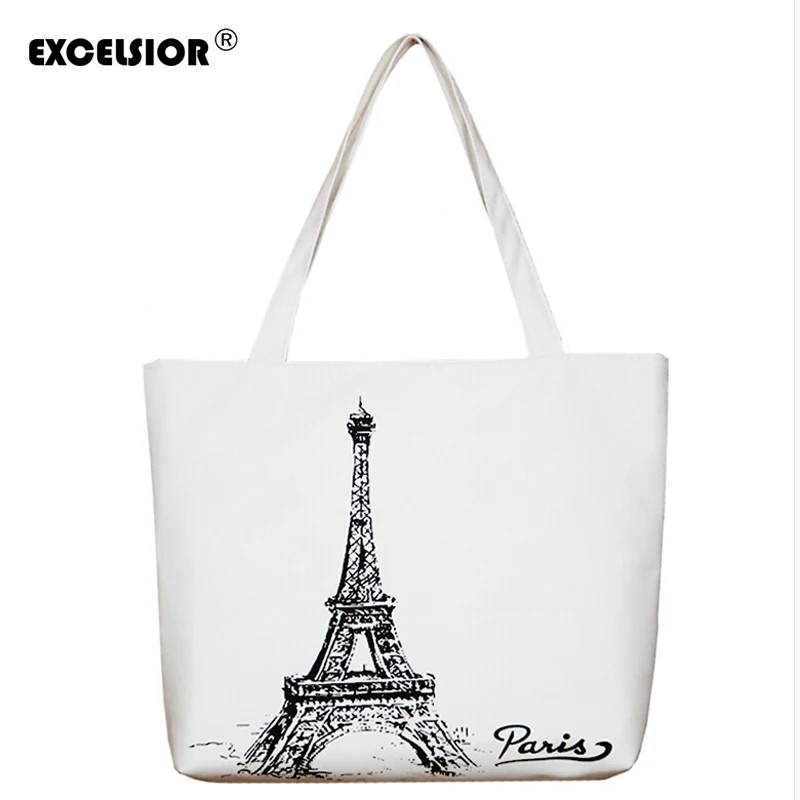 EXCELSIOR Zipper Shopping Bag Canvas Paris Eiffel Tower Pattern Women Tote Crossbody Shoulder ...