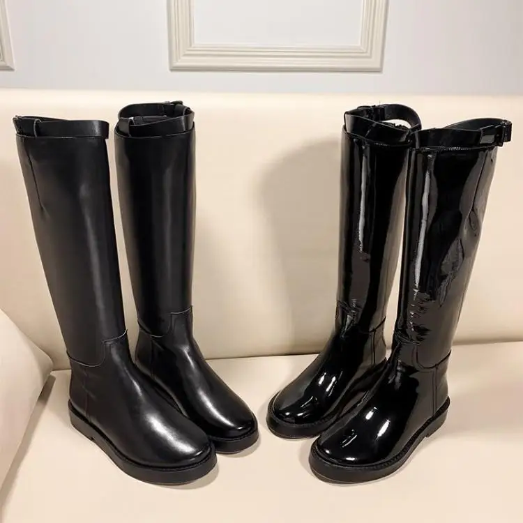 

Designer Luxury Shoes Women Black Shiny Leather Winter Boots Women Knee High Round Toe Slip On Knight Boots Shoes Chunky Heels