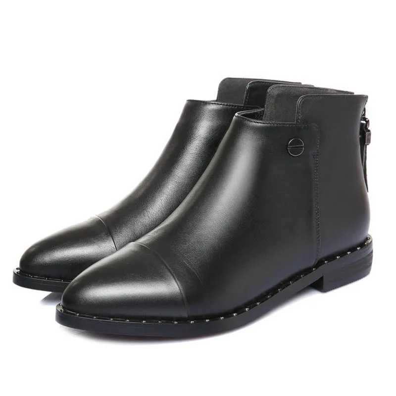

High quality genuine leather Chinese leisure style sexy pointed toe ankle boots rivet elastic low heel black women riding boots